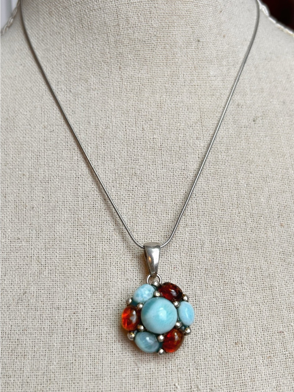 Vintage Italy 925 Sterling Silver Larimar Amber Cluster Pendant Necklace Dainty